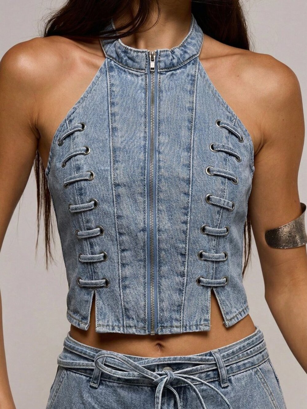 Light Wash Casual Women's High Neck Eyelet Lace Up Fitted Denim Top - Picture 3 of 6